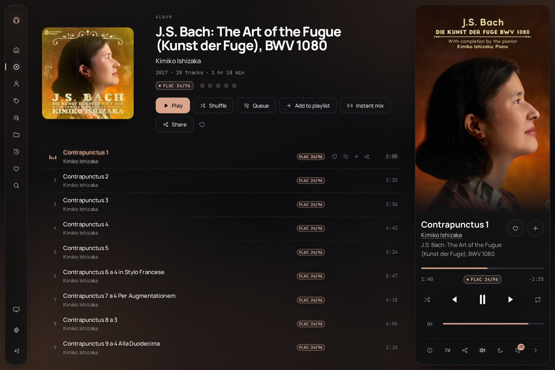 Heddohon on an album page of Bach played by Kimiko Ishizaka, 24-bit FLAC, with the now-playing panel on the right, both tinted gold by the cover