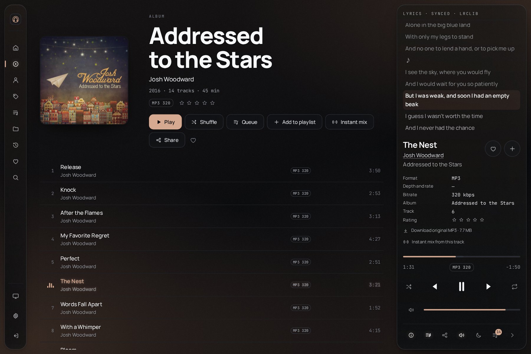 Synced lyrics from LRCLIB in the now-playing panel, the current line highlighted, above the track details