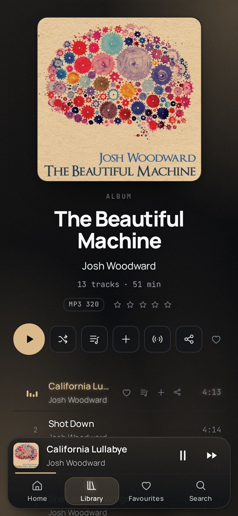 An album page on a phone, with what is playing and four tabs in one panel at the foot of the screen